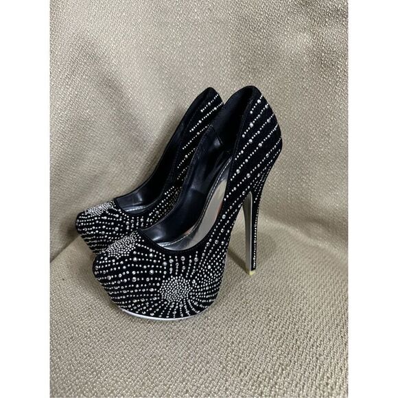 Shiekh Glitter Beads Black Silver Womens Heels Sz 7 Platform stiletto 6” Heel - Picture 1 of 10